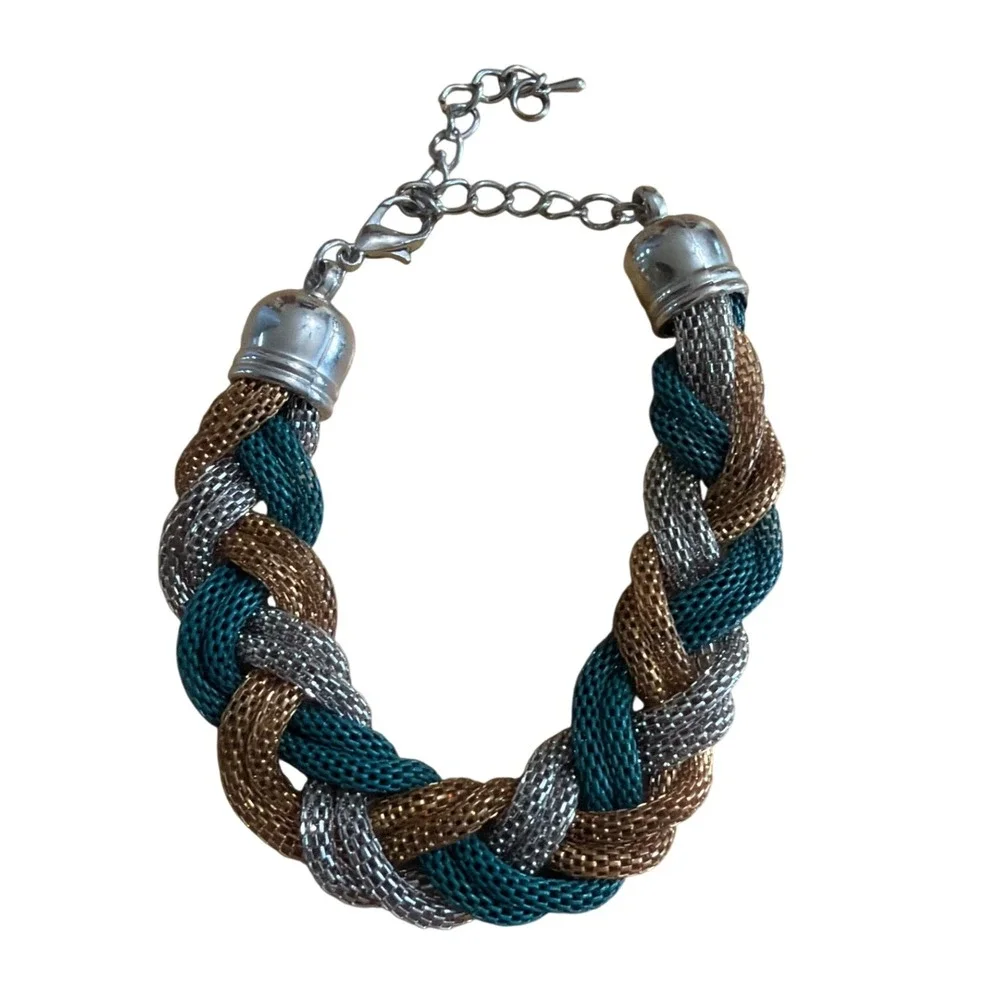 Braided Mesh Chain Bracelet Tricolor Gold Silver Teal Blue Statement Jewelry